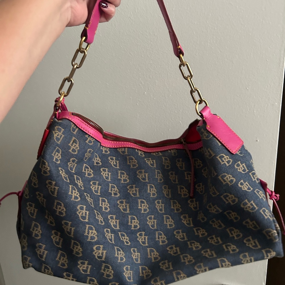 Denim Dooney & Bourke Signature Shoulder Bag with Pink Trim